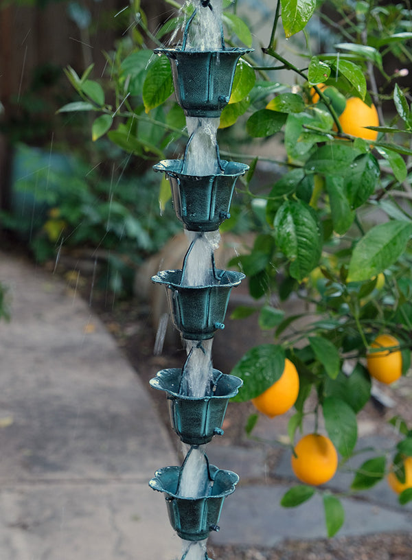 Rain Chain Flower Cups in Patina RainChains