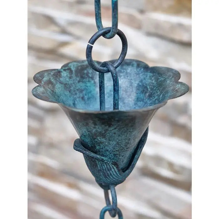 Rain Chain Copper Flower Kanji Cups #1 with Patina