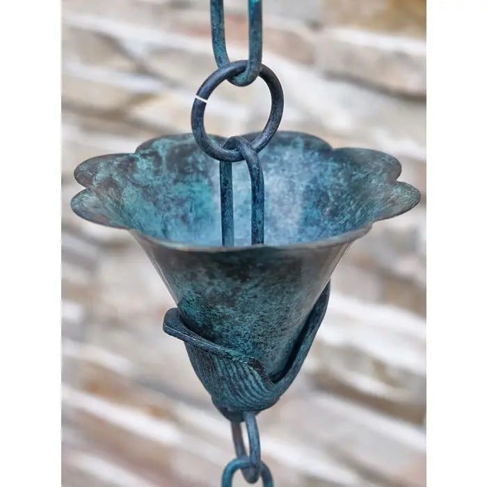 Rain Chain Copper Flower Kanji Cups #1 with Patina RainChains