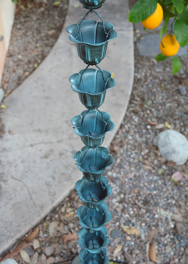 Rain Chain Flower Cups in Patina RainChains