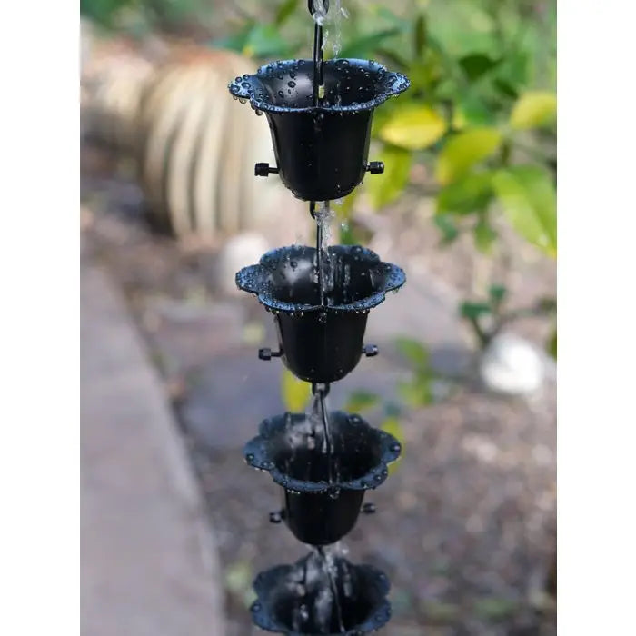 Rain Chain Iron Flower Cups in Black RainChains